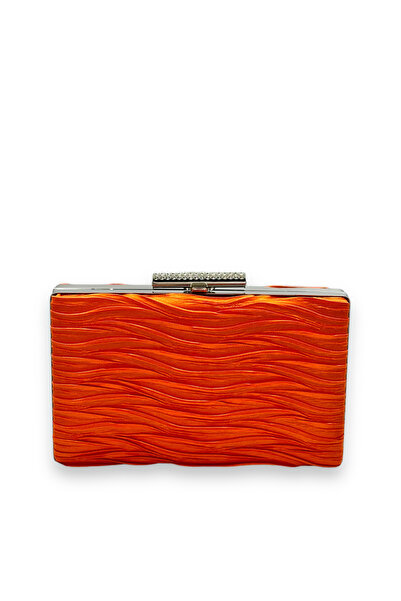 MidStore حقيبة سهرة من الساتان المطوي باللون البرتقالي مع مقبض معدني لحفلات ا...