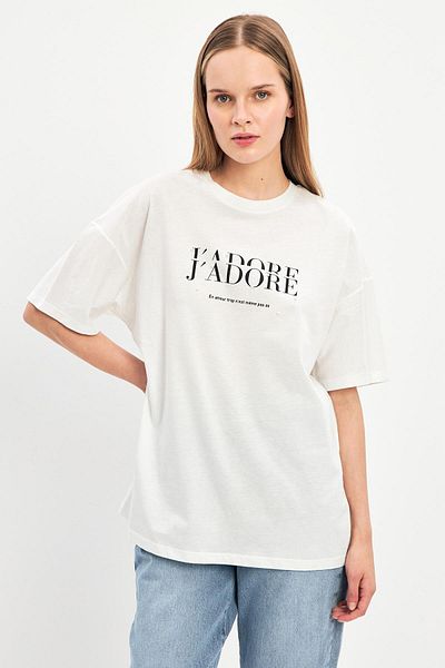 Setre Crew Neck Ecru T-Shirt - Print Detail and Short Sleeve