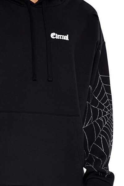 Forever 21 Taş İşlemeli Örümcek Ağı Kapüşonlu Sweatshirt