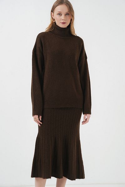 Bigdart 15892 Model Brązowy Sweter i Spódnica Zestaw