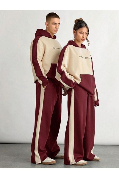 Know Burgundy Beige Women's and Men's Tracksuit Set - Couple Combination 2 Pieces