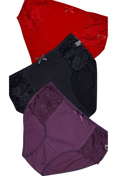 Gizli Butik Γυναικεία εσώρουχα 3 τεμαχίων - βαμβακερά, δαντέλα στο πλάι, λεπτομέρεια φιόγκου, κόκκινο μαύρο μωβ