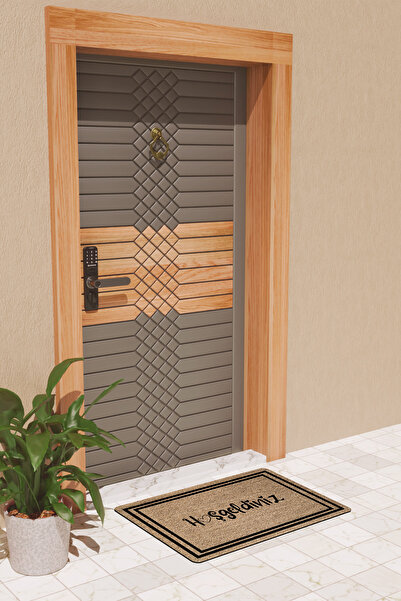 Rugmood Modern Dijtal Baskı Kahverengi Çift Çerçeveli Hoşgeldiniz Kapı Önü Paspası