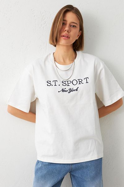 Setre Crew Neck Ecru Cotton T-shirt - Print Detailed