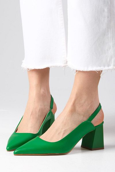 Mio Gusto Anette Green Color Pointed Toe Open Back Thick Heeled Shoes