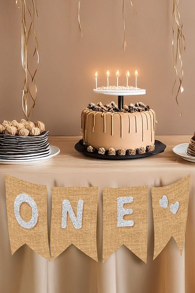 Artikel One Written Jute Fabric Flag 1 Year Old Party High Chair and Wall Decoration Banner