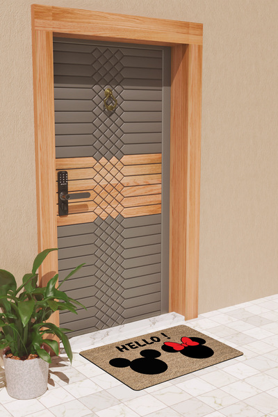 Rugmood Modern Dijtal Baskı Kahverengi Hello Mick Mouse Kapı Önü Paspası