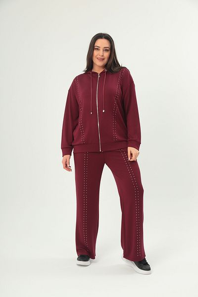 Şans Women's Plus Size Burgundy Stone Detailed Hooded Tracksuit Suit 65N38713