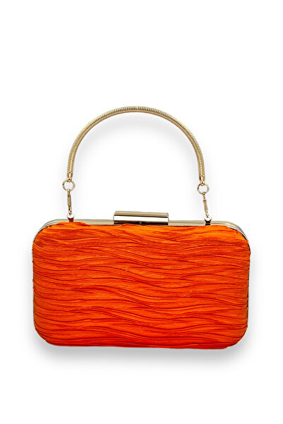 MidStore حقيبة سهرة برتقالية اللون من الساتان المطوي مع مقبض معدني، حقيبة سهر...