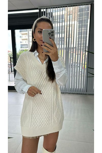 caddstore Cream V Neck Sweater Knitwear Dress