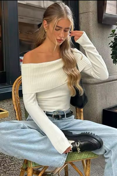 Köstebek Λευκή ριγέ γιακά Madonna με μακρυμάνικο πλεκτό Crop μπλούζα