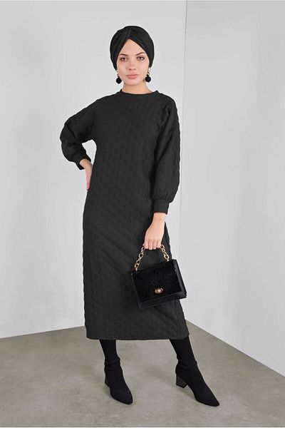 TRENDTESETTÜR Women's Black Pompom Patterned Long Tunic 4234