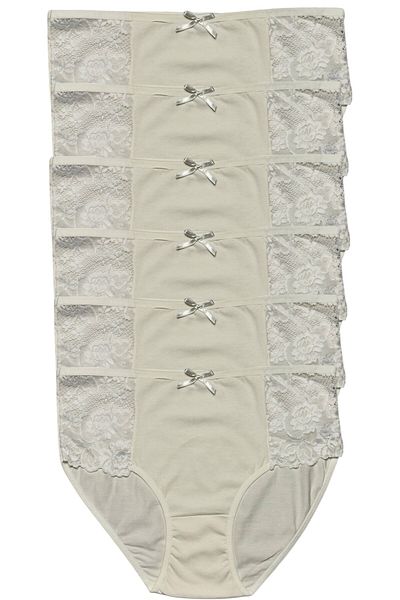 Gizli Butik Γυναικεία εσώρουχα Ecru - Πακέτο 6, βαμβακερά, δαντέλα στο πλάι και λεπτομέρεια φιόγκου
