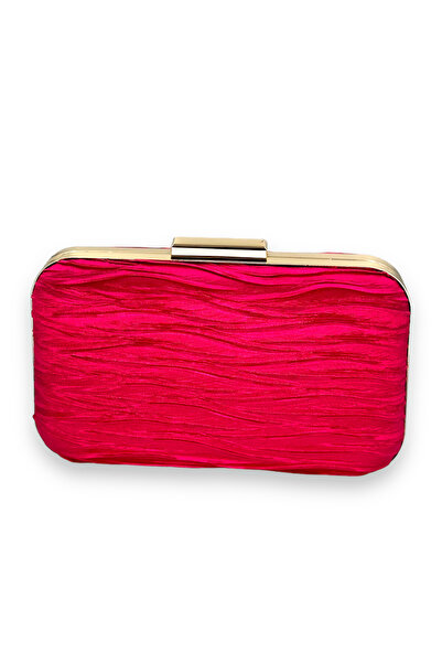 MidStore Fuchsia Pleated Satin Evening Bag with Metal Handle Henna Evening Bag