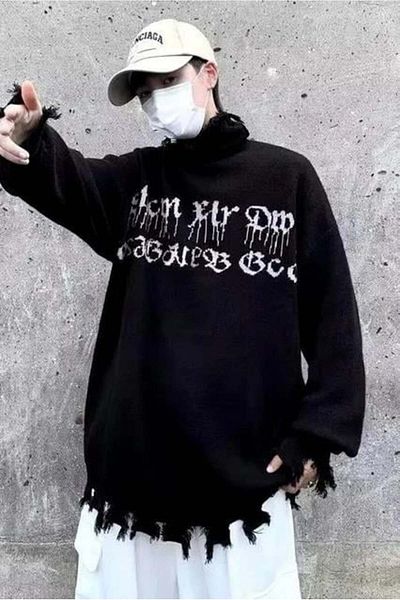 Touz Moda Black Gothic Show Xin Dou Ripped Oversize Knitwear Sweater