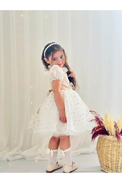 Linarookids Puantiyeli Krem Vintage Kız Bebek Elbisesi,Doğum günü,fotoğraf çe...