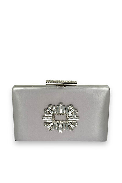 Wedding Fashion Gri argintiu Lame Color Satin Crystal Stone Geanta pentru roc...