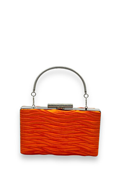 MidStore حقيبة سهرة من الساتان المطوي باللون البرتقالي مع مقبض معدني، حقيبة س...
