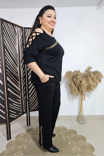 sinemisxxl مجموعة علوية من قماش الليكرا بحبل مزدوج مخطط باللون الذهبي