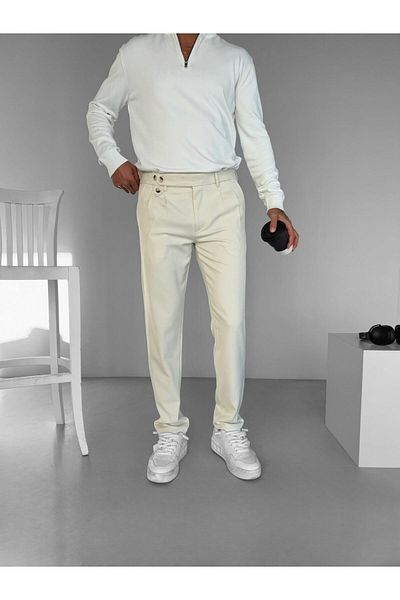 ablukaonline Light Cream Men's Pleated Fabric Trousers