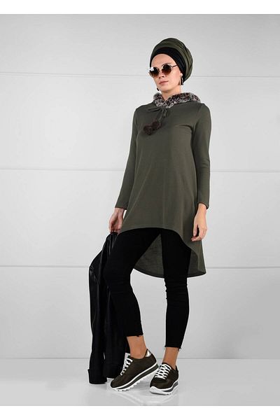 TRENDTESETTÜR Women's Khaki Plush Knitwear Tunic 41941
