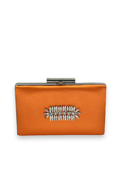 Generic Brand Orange Satin - Crystal Stone Detailed Evening and Graduation Bag