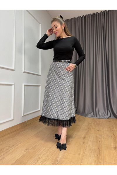 Size Özgü Gray Lace Detailed Plaid Skirt