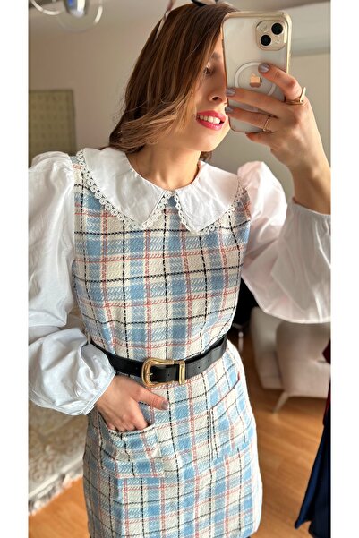 Fidan Kadın Ekoseli Gömlek Detaylı  Balon Kol Kemerli Elbise