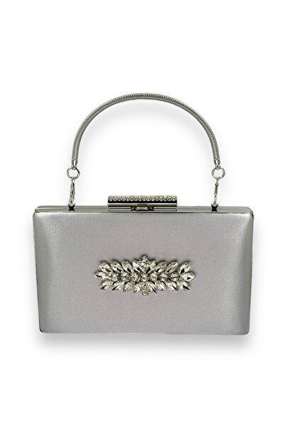 Wedding Fashion Gri argintiu Lame Color Satin Crystal Stone Geanta pentru roc...