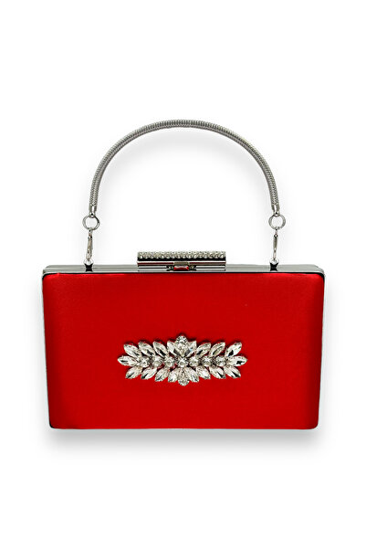 MidStore Red Color Satin Handle Crystal Stone Evening Bag Evening Bag Henna B...