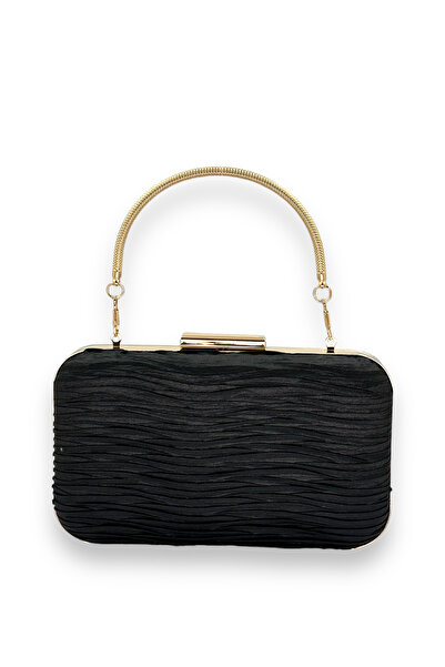 MidStore حقيبة سهرة سوداء من الساتان المطوي مع مقبض معدني، حقيبة سهرة كولابا ...