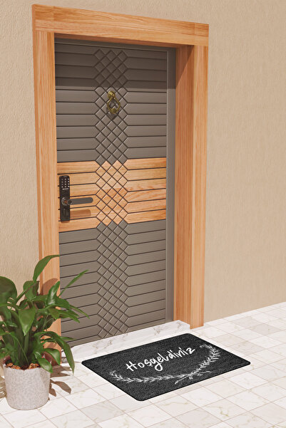 Rugmood Modern Dijtal Baskı Siyah Çift Çerçeveli Hoşgeldiniz Kapı Önü Paspası