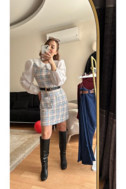 Fidan Kadın Ekoseli Gömlek Detaylı  Balon Kol Kemerli Elbise