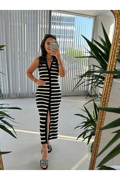 caddstore Sg Rochie cu dungi cu gât polo decoltat în talie