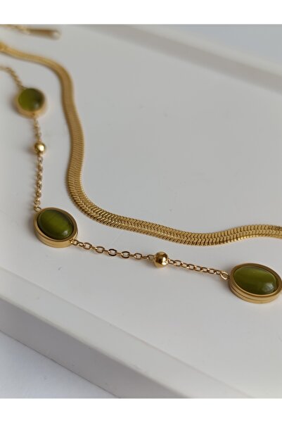 PileaD Yeşil Kedi Gözü Taşlı Gold Çelik Bileklik Garantili