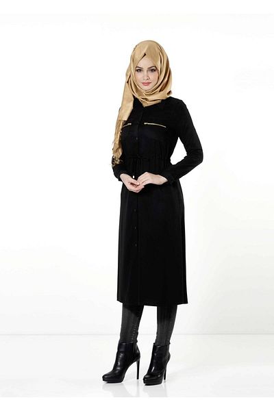 TRENDTESETTÜR Women's Black Gathered Waist Tunic 8644
