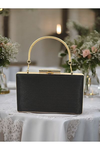 MidStore Black Color Imported Striped Satin Crystal Stone Metal Handle Chain Evening Dress Bag Wedding Engagement