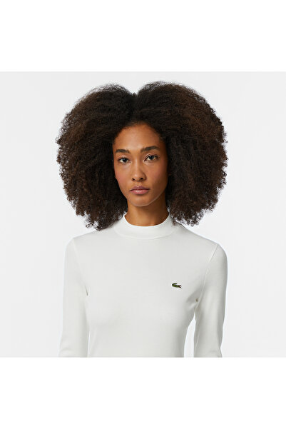 Lacoste Kadın Slim Fit Uzun Kollu Boğazlı Yaka Krem T-Shirt