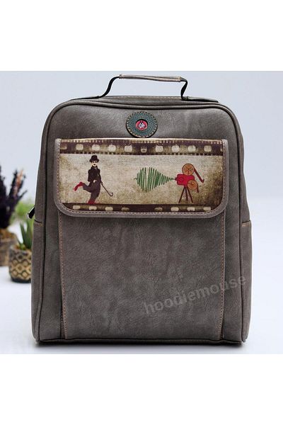 HOODİEMOUSE Charlie Chaplin Figured Unisex Bag Both Back and Cross and Ethnic Bohemian Style - Gray
