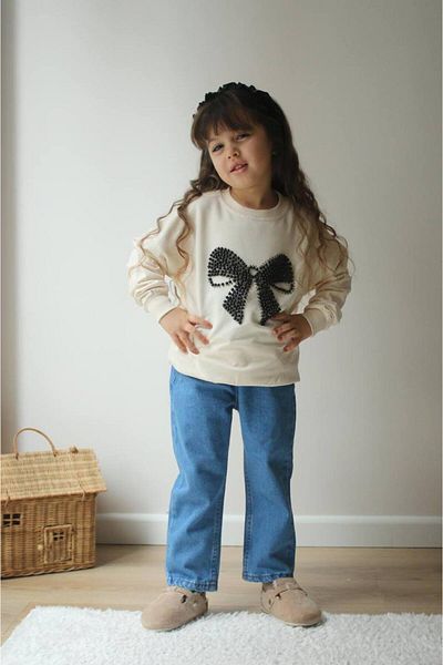 Ribbon kids Girls Beige Blouse Flower Pattern Jeans Pants Set