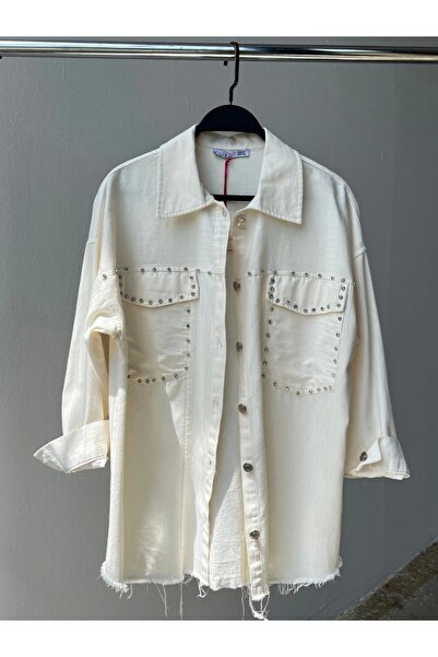 Ecenin Favorileri Γυναικείο πουκάμισο 100% βαμβακερό μπεζ με πέτρες τσέπες 75εκ