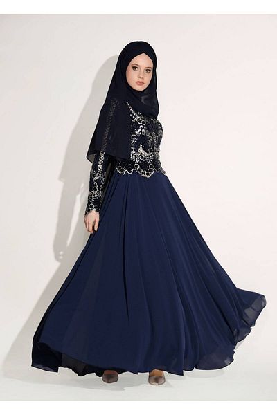 TRENDTESETTÜR Women's Navy Blue Embroidered Chiffon Evening Dress 8608