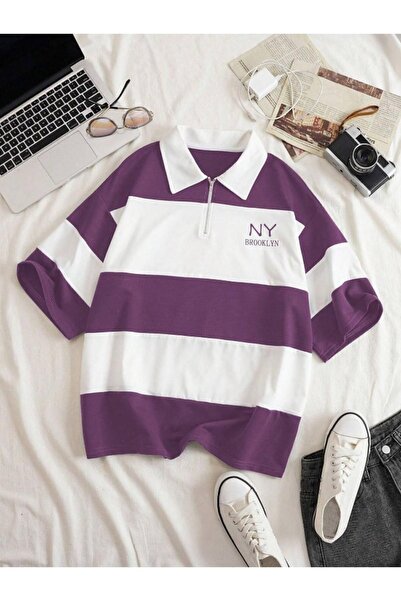 MARECASH Erkek Mor-Beyaz NY Baskılı Çizgili Parçalı Fermuarlı Polo Yaka Overs...