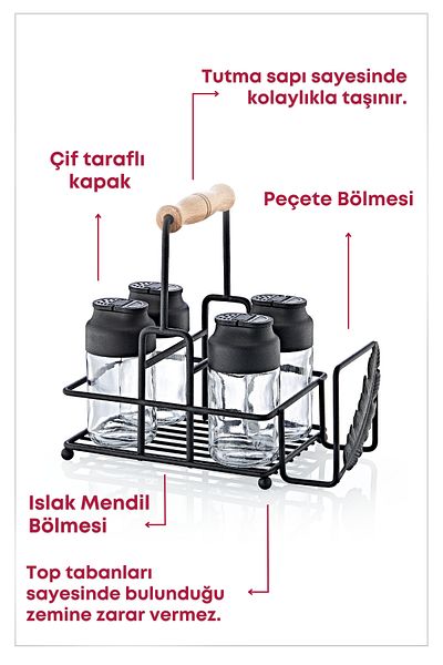 GRİMOR Life Glass Spice Rack Set with 4 Wet Wipes Compartments for Restaurant Cafe - with Metal Stand and Napkin Holder