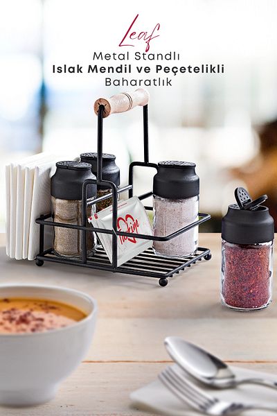 GRİMOR Life Glass Spice Rack Set with 4 Wet Wipes Compartments for Restaurant Cafe - with Metal Stand and Napkin Holder