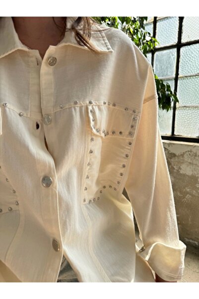 Ecenin Favorileri Γυναικείο πουκάμισο 100% βαμβακερό μπεζ με πέτρες τσέπες 75εκ