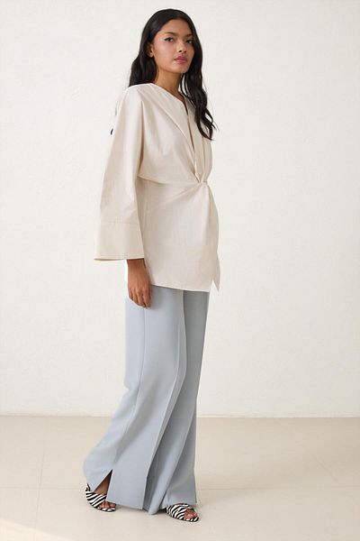 Setre Cream V-Neck Drawstring Detailed Cotton Shirt