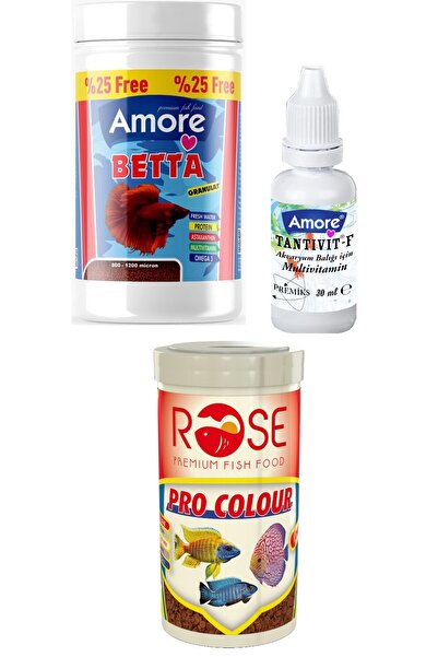 AMORE Beta Balığı Yemi 125ml Granül, Rose Pro Colour 100ml Kutu Chips Balık Yemi, Multivitamin