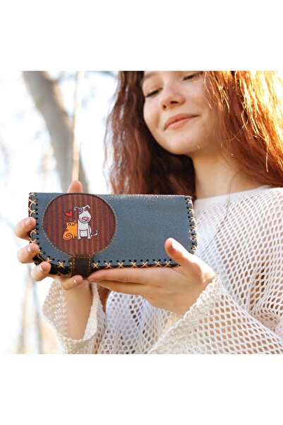 HOODİEMOUSE Kedi ve Köpek Figürlü Büyük Cüzdan Etnik Bohem Retro Vintage Style  - PETROL