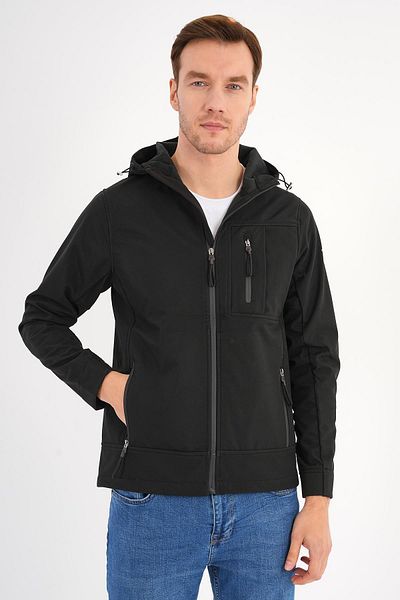 Deri Company Ανδρικό παλτό Softshell Black Shell - Κουκούλα, Comfort Fit